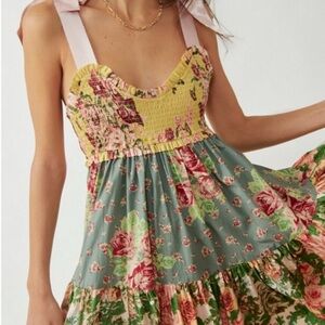 Free People Smocked Floral Dress in Cream and Red
